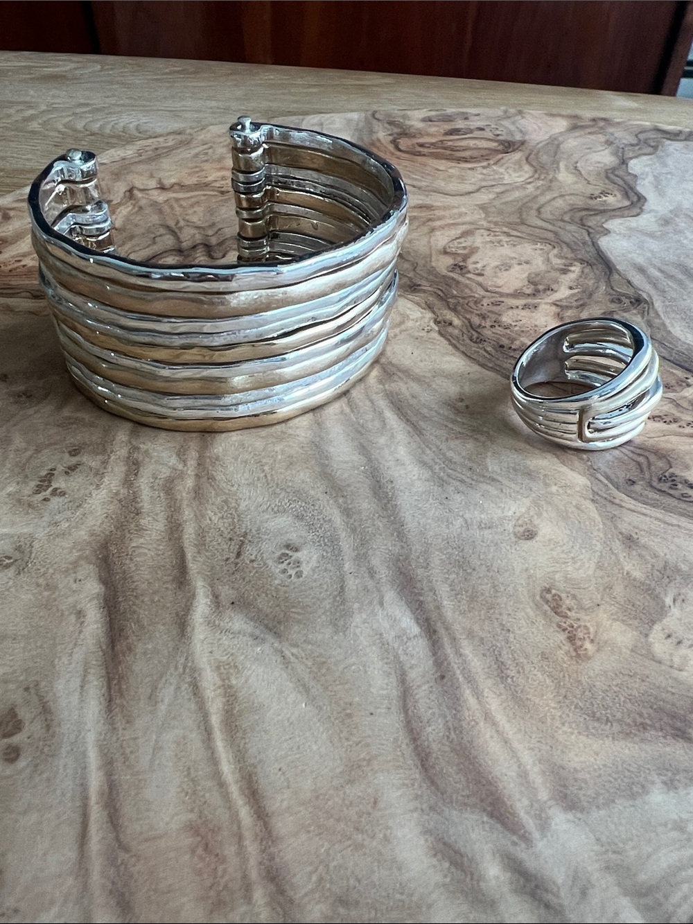 Silver Ribbed 2-toned Multi-Band Cuff Bracelet and Matching Ring Set